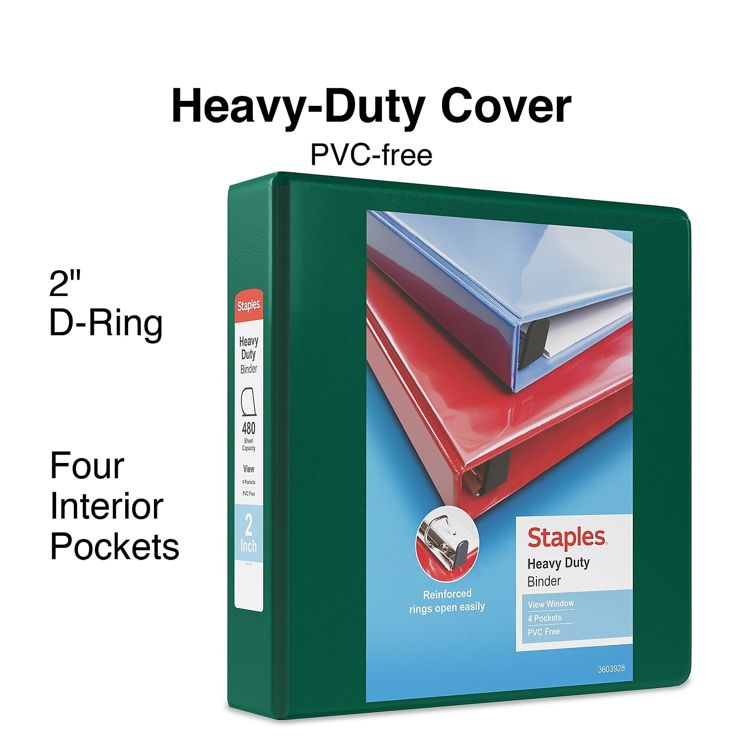 2' Staples Heavy-Duty View Binders with D-Rings Green 976063