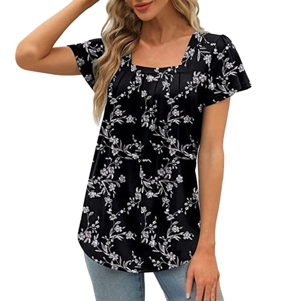 Gibobby Playera de Manga Corta Casual Suave Camisetas sin mangas verano para mujer, corte holgado, cuello cuadrado plisado, camisetas manga corta, dobladillo c(Negro,XL)