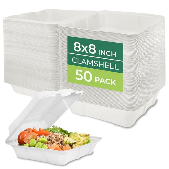 DEIKAL Compostable Clamshell Food Containers [8x8" 50-Pack] Disposable To Go Containers, Biodegradable Sugarcane To Go Boxes - Heavy Duty Paper Containers - Microwave & Freezer Safe, Stackable