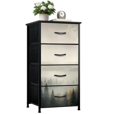 Dresser for Bedroom with 4 Storage Drawers Vintage Brown White Grey Abstract Rustic Retro Dressers Chest of Drawers Steel Framed Fabric Closet Organizers for Dorm Entryway