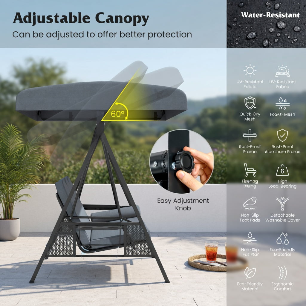 Hommoo 3-Person Outdoor Patio Swing Chair with Adjustable 60° Canopy, Thick Cushions, Foldable Side Trays & Heavy-Duty Steel Frame, Gray