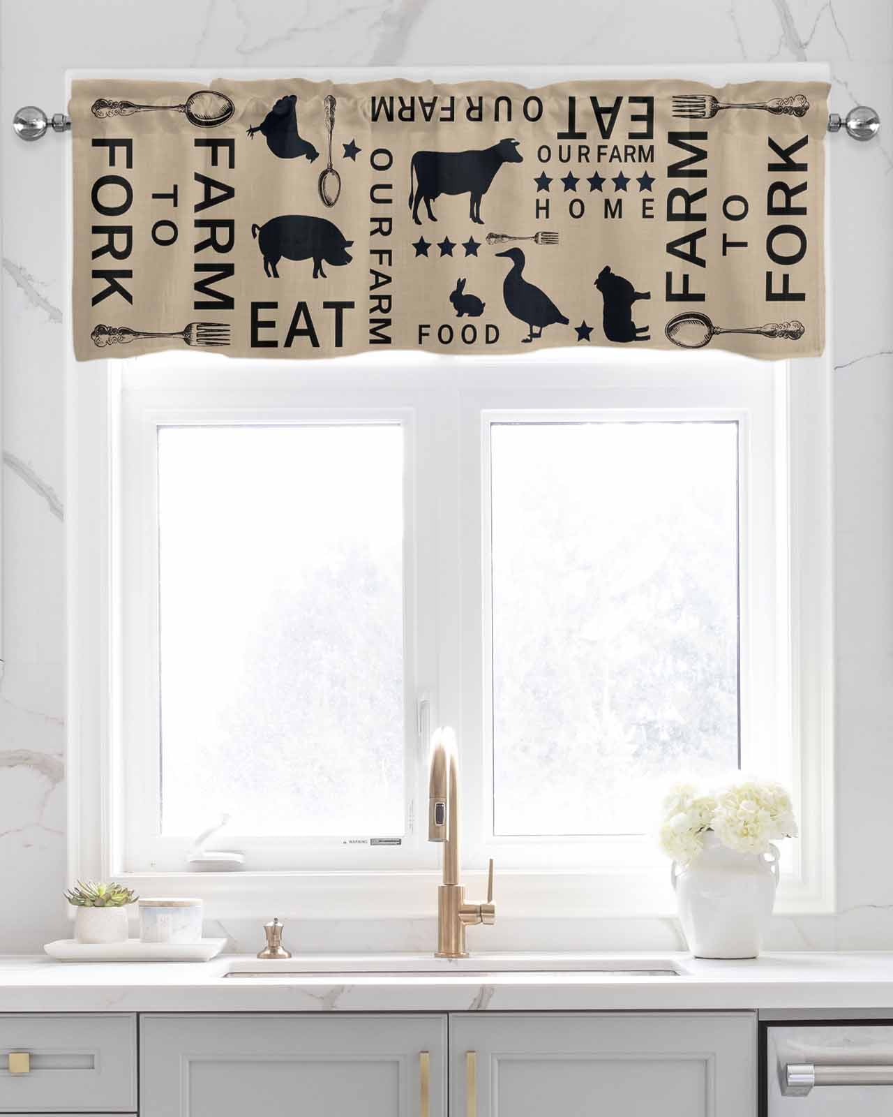 Farmhouse Brown Linen Curtain Valance for Bedroom/Bathroom/Kitchen/Living/Dining Room Window,Farm Star Fork Pig Chicken Duck Bunny Cow Pocket Topper Drapes Decorative Cafe Drapery Panel 42"x18"