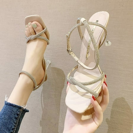 

bvgfsahne 2023 New Summer Water Diamond One Line Buckle Sandals For Women Transparent Thin Heel High Heels