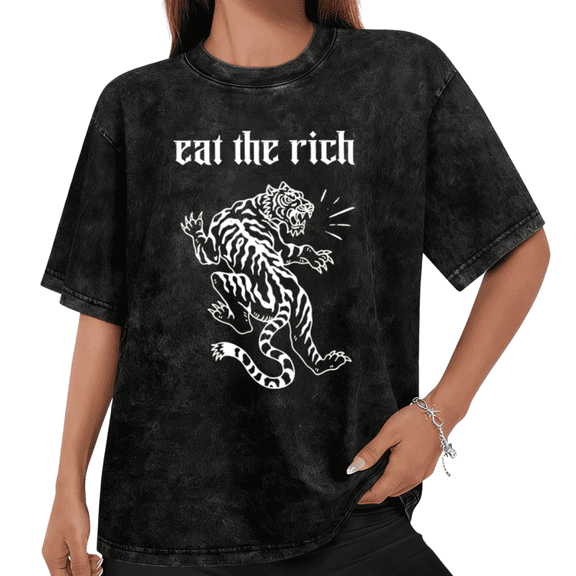 Women Eat The Rich White Tiger Graphic Tees T Shirt Tops Round Neck Cotton Washed T Shirt Black S-2XL Plus Size