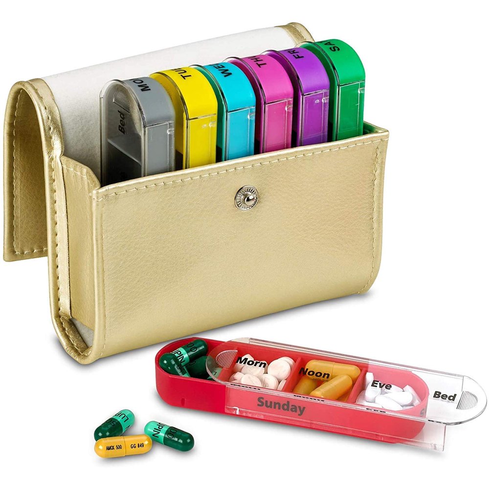 travel pill organizer with brand labels