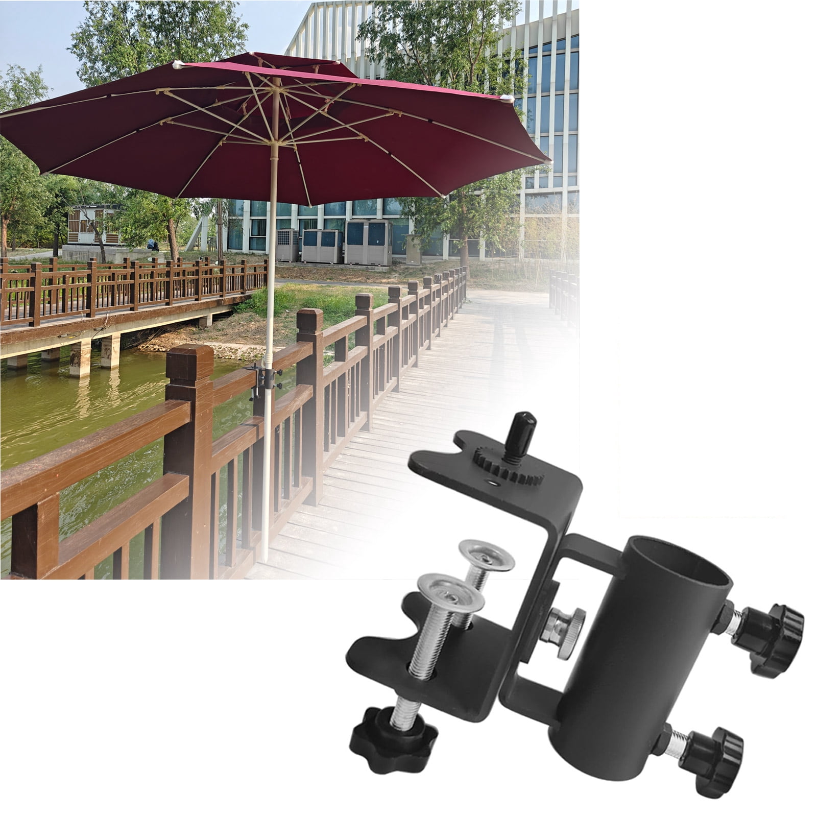 Heavy-Duty Patio Umbrella Clamp Stand - Adjustable Metal Umbrella Deck Parasol Holder Clip, - Patio Umbrella Stand for Beach, Deck, Boats, Chair, Balcony, Dock & More, Black