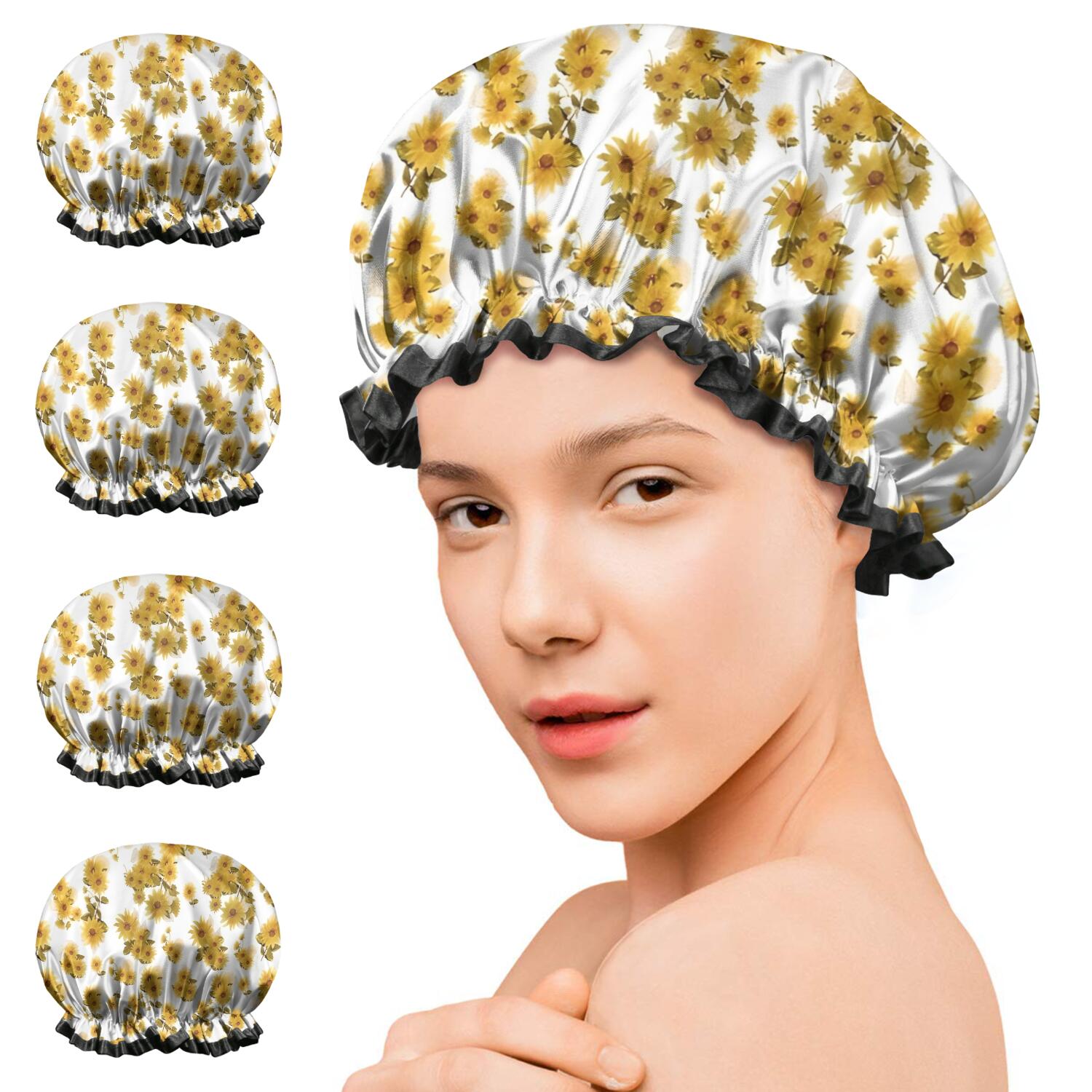 Shower Caps,White Yellow Flower Sunflower Pattern Waterproof Shower Cap for Women 4 Pieces,Double Reusable Hair Cover for Shower PEVA Elastic Stretch Hem
