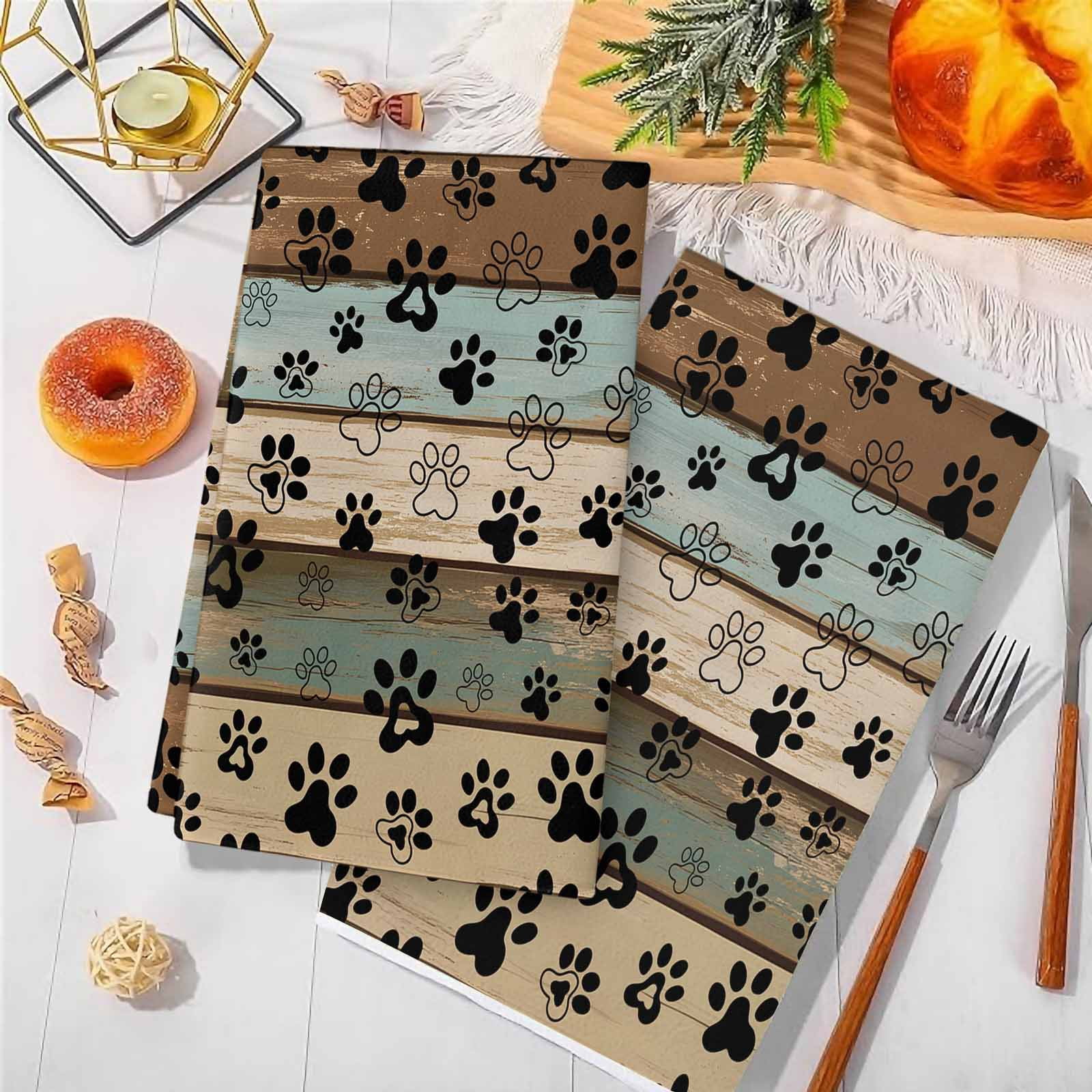 Dog Paws Printed Kitchen Towels Set of 2, Vintage Teal Brown Wooden Farmhouse Soft Microfiber Dish Towels, Absorbent Quick-Dry Washable Dishcloths for Kitchen Cleaning, Drying Dishes, 18x28 Inches