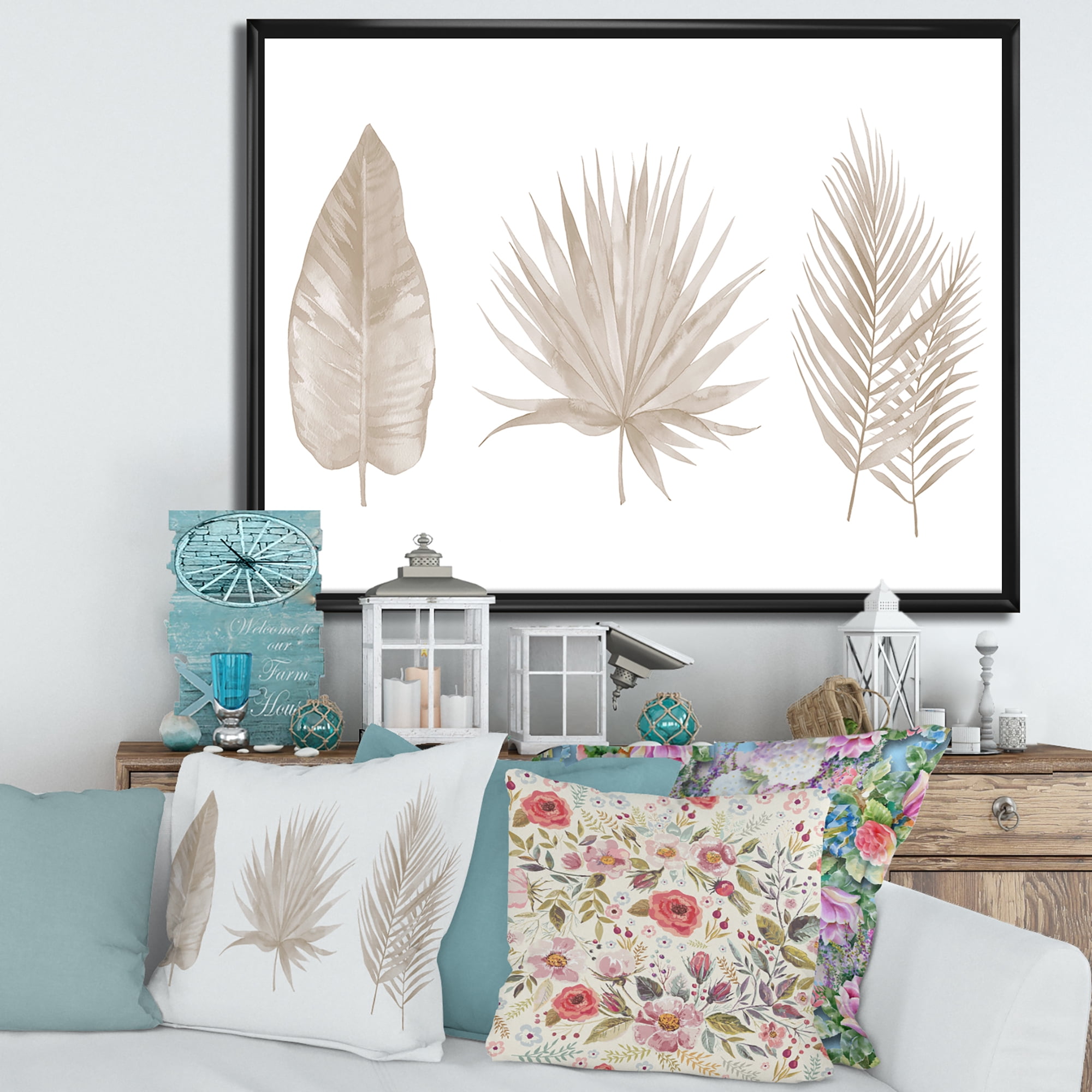 Designart 'Tropical Beiges Leaves On White' Traditional Framed Canvas Wall Art Print