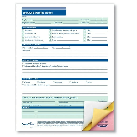 ComplyRight Carbonless Employee Warning Notice Forms, 3-Part, 8 1/2" x 11", White, Pack Of 50