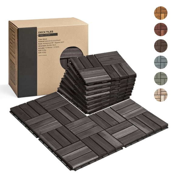 Deck Tiles, Patio Flooring - Outdoor Waterproof Acacia Wood Tiles for All Weather Use - Balcony, Backyard, Indoor & Outdoor (Black Crossed Pattern, 10 Pcs - 10 Square Ft)