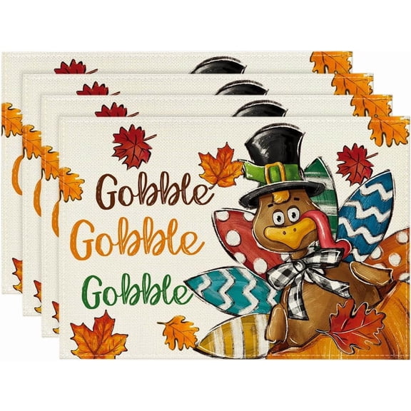 Gobble Turkey Maple Leaves Thanksgiving Placemats Set of 4, 12x18 Inch Fall Harvest Table Mats for Party Kitchen Dining Decoration