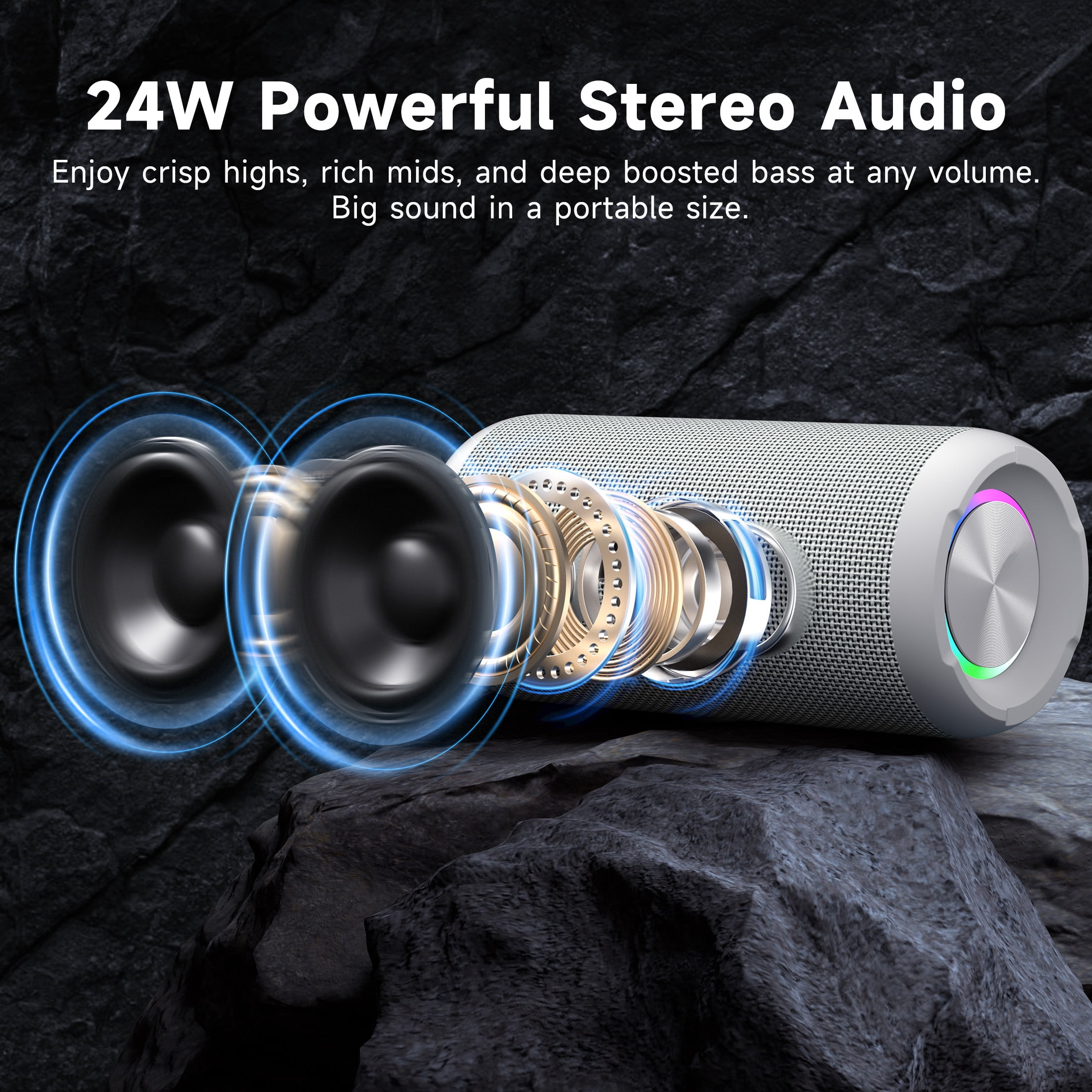 Solorage Portable Bluetooth Speaker IPX7 Waterproof, 24W Loud Sound, Deep Bass, Bluetooth 5.3, 30H Playtime, Wireless Stereo Pairing, LED Lights, for Home/Beach/Party/Outdoors-Gray