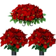 Sympathy Silks Cemetery Artificial Flowers, 2 Bouquets & Saddle, Poinsettias, Red