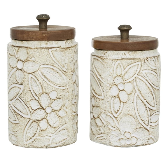 DecMode 9", 11"H White Ceramic Floral Handmade Intricately Carved Decorative Jars with Wood Lids, 2-Pieces