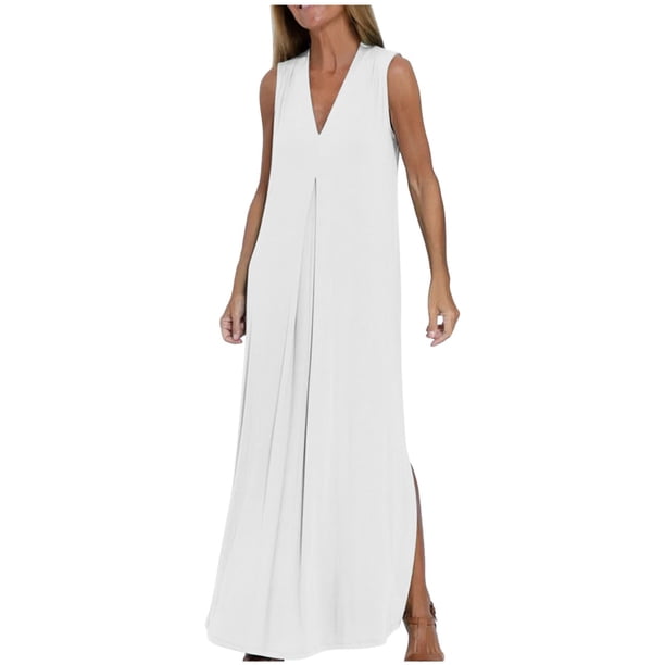 Vestido largo sin mangas con cuello en V para mujer: color liso, estilo boho, abertura delantera, mezcla de poliéster y spandex, largo hasta el tobillo, para verano
