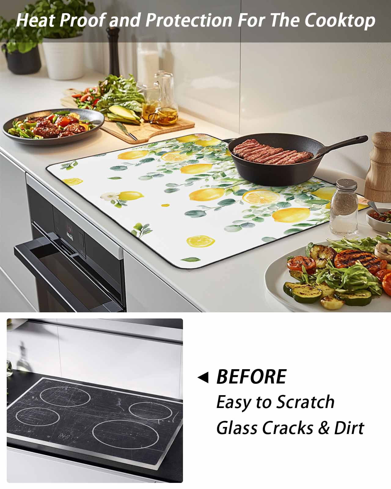 Stove Top Covers for Electric Stove, Lemon Eucalyptus Glass Stovetop Cover Protector, Farm Flower Fruit Country Boho Summer Induction Cooktop Protector Oven Mat for Kitchen Countertop 24"x21"