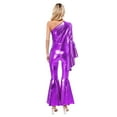thumbnail image 4 of Sxiwei Womens Metallic Shiny Bell-Bottom Dance Jumpsuit Romper 70s Disco Hippie Costume Clubwear Purple S, 4 of 6