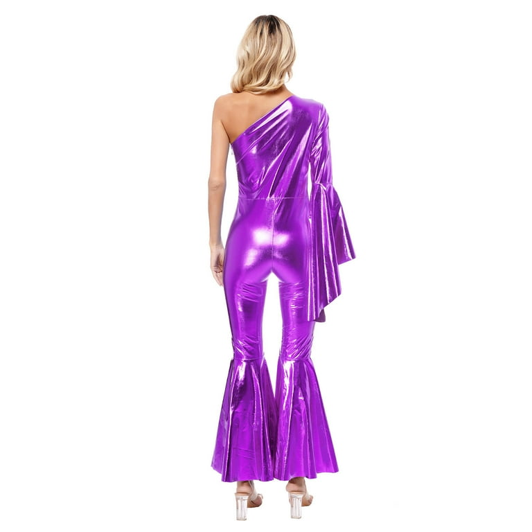 YONGHS Women's Shiny Metallic Bell Bottom Jumpsuit One