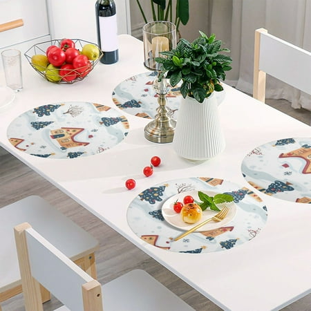 

Round Grid Placemat One Sizex1 Round Placemat PVC Plate Mat，15.4 Inch Non-Slip and Heat Resistant Table Placemat Dining Room Placemat Beautiful House in Snow
