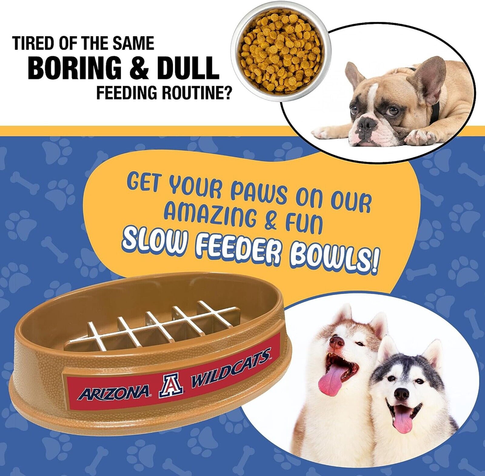 Pets First NCAA University of Arizona Wildcats Super-Bowl Slow Feeder Bowl for Dogs and Cats with Non-Slip Mat