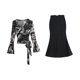 thumbnail image 3 of Ropa de mujer Otoño Nuevo diseño pintura de tinta camisa adelgazante de manga acampanada + falda de cola de pez de cintura alta conjunto de dos piezas, 3 of 4