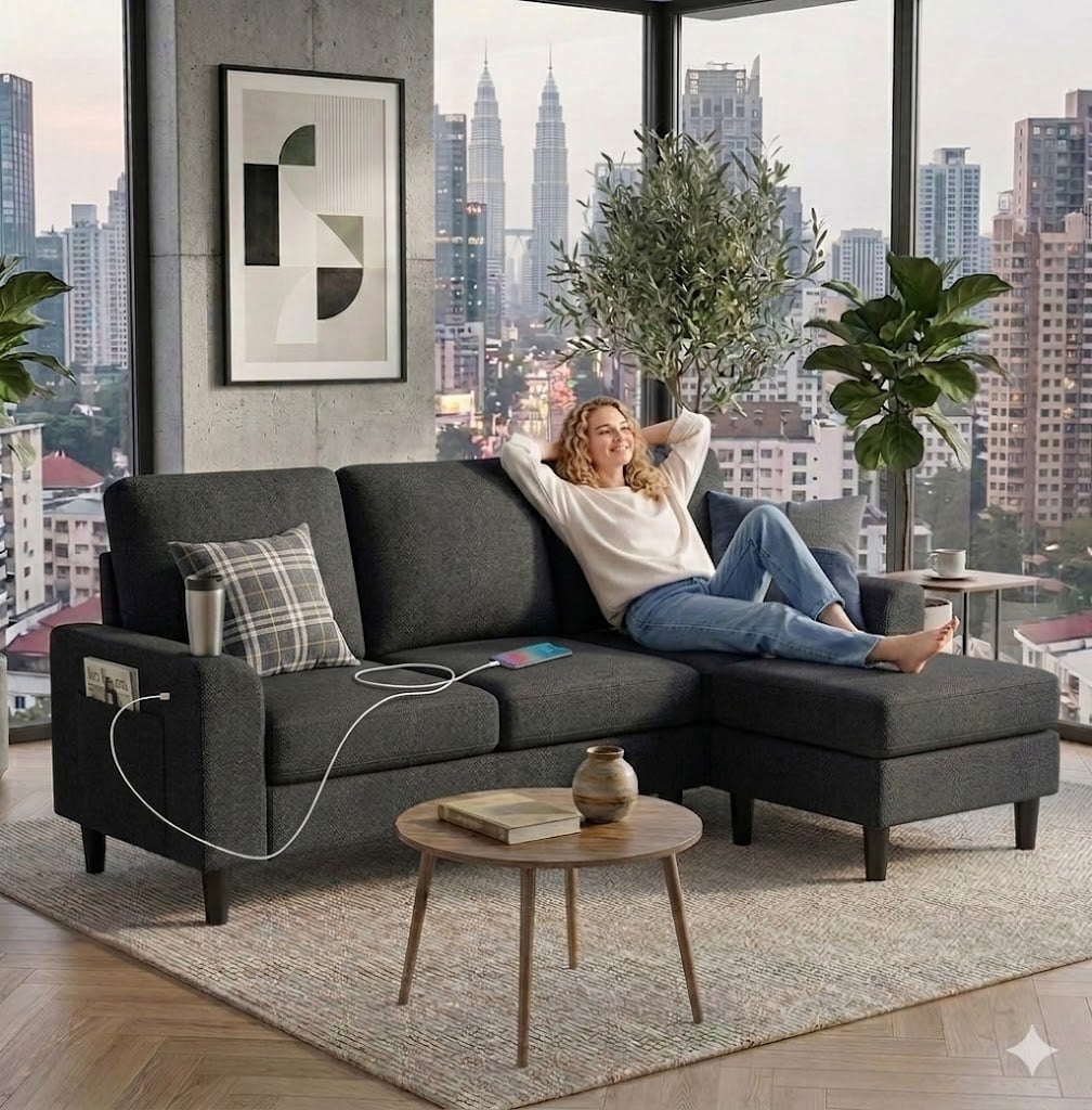 Howcool 80" Convertible Sectional Sofa Couch, L-Shaped Loveseat with Storage Ottoman, USB Ports, Cup Holders & Deep Seats, Modern Teddy Fabric Couch for Apartment Living Room Small Space, Black