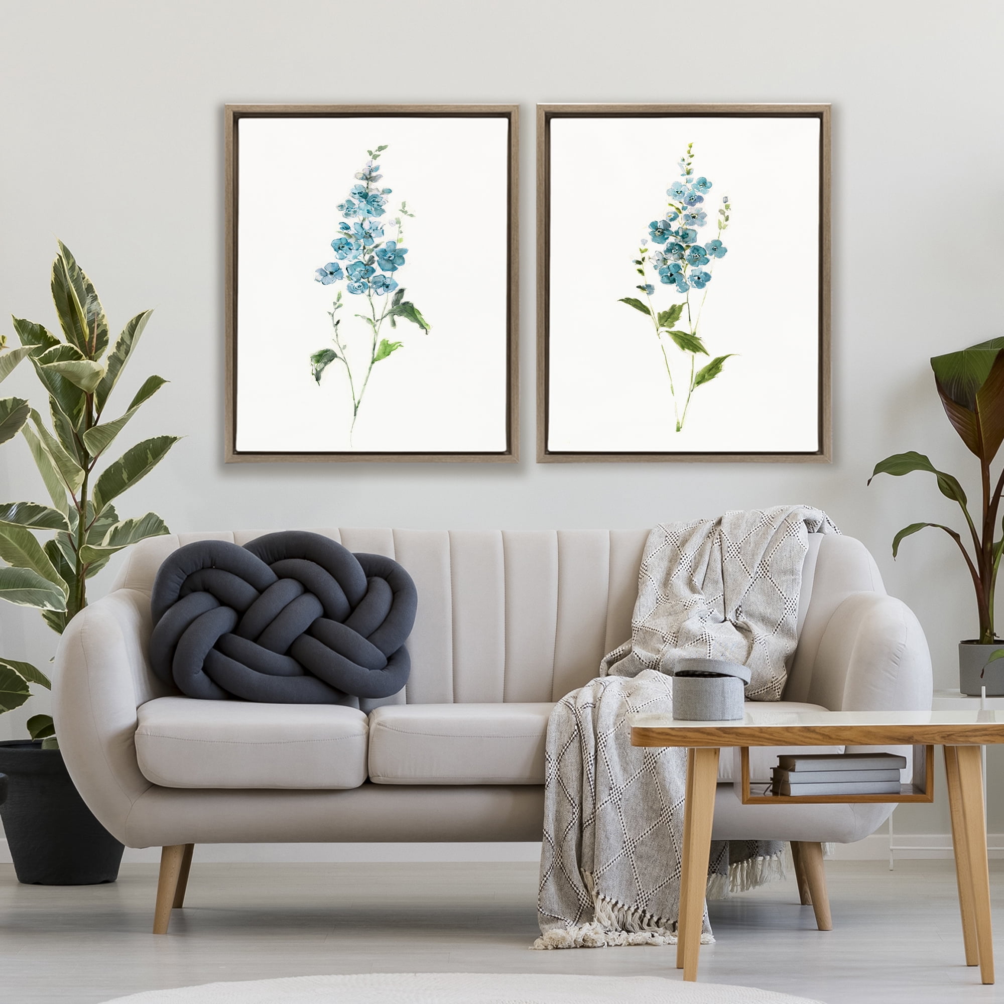 Stupell Industries Blue Watercolor Sprigs 2 Piece Brown Framed Floater Canvas Set, design by Sally Swatland
