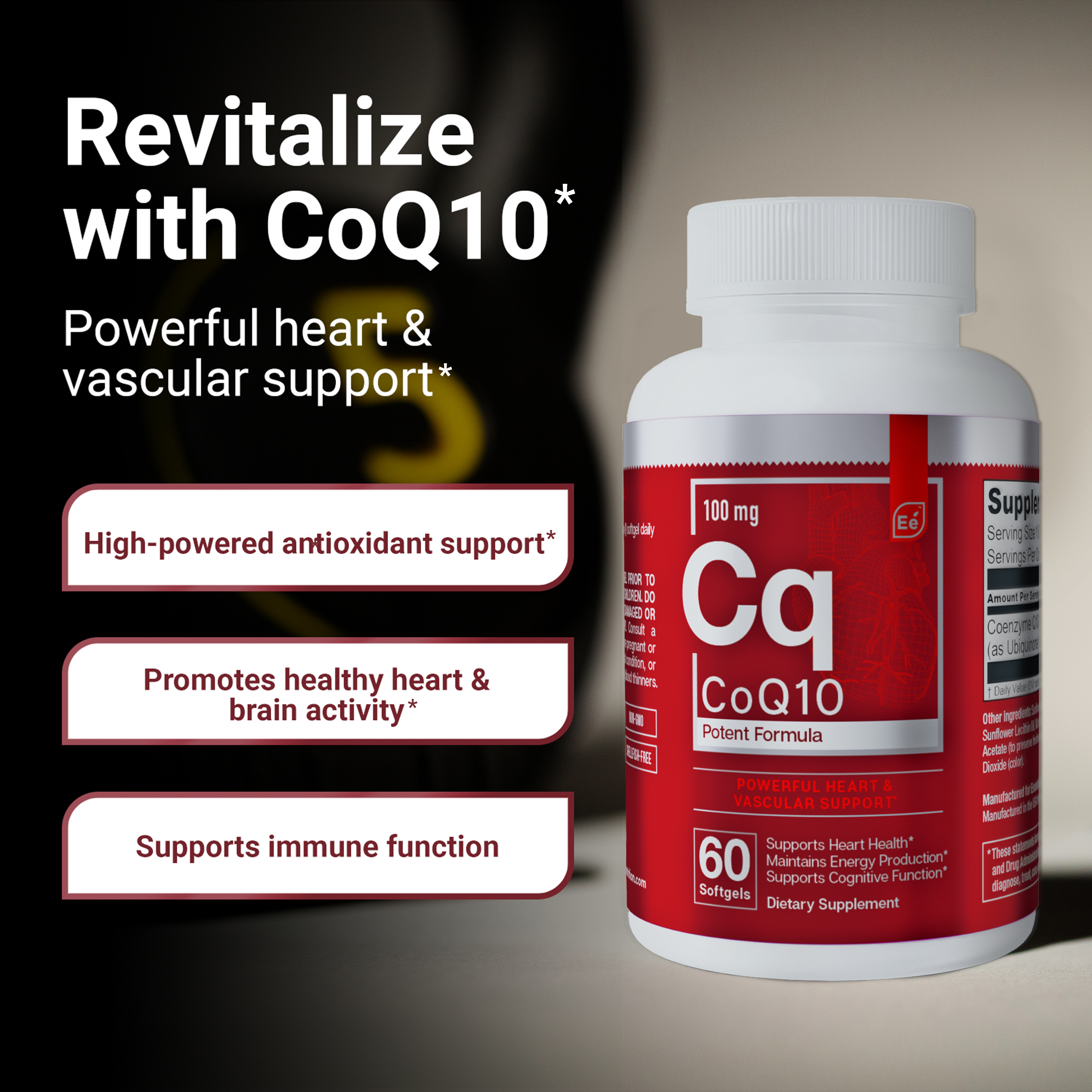 Essential Elements CoQ10 100mg Softgels for Heart, Brain, and Vascular Support - Comprehensive Coenzyme Q10 Supplement Formulated for Optimal Absorption - 60 Count, 2 Month Supply