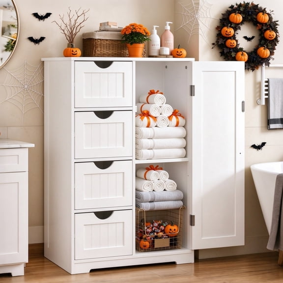 Ktaxon Wooden Bathroom Floor Cabinet, Side Storage Organizer with 4 Drawers, 1 Cupboard & 2-Shelves, White