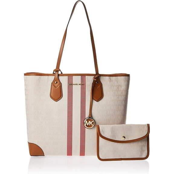 Michael Kors Eva Large Stripe Tote Vanilla Signature Coated Canvas