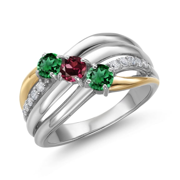 Gem Stone King 925 Silver and 10K Yellow Gold Green Nano Emerald and Red Rhodolite Garnet and Lab Grown Diamond Engagement Ring for Women | 1.12 Cttw | Round 4MM | May Birthstone | Size 8