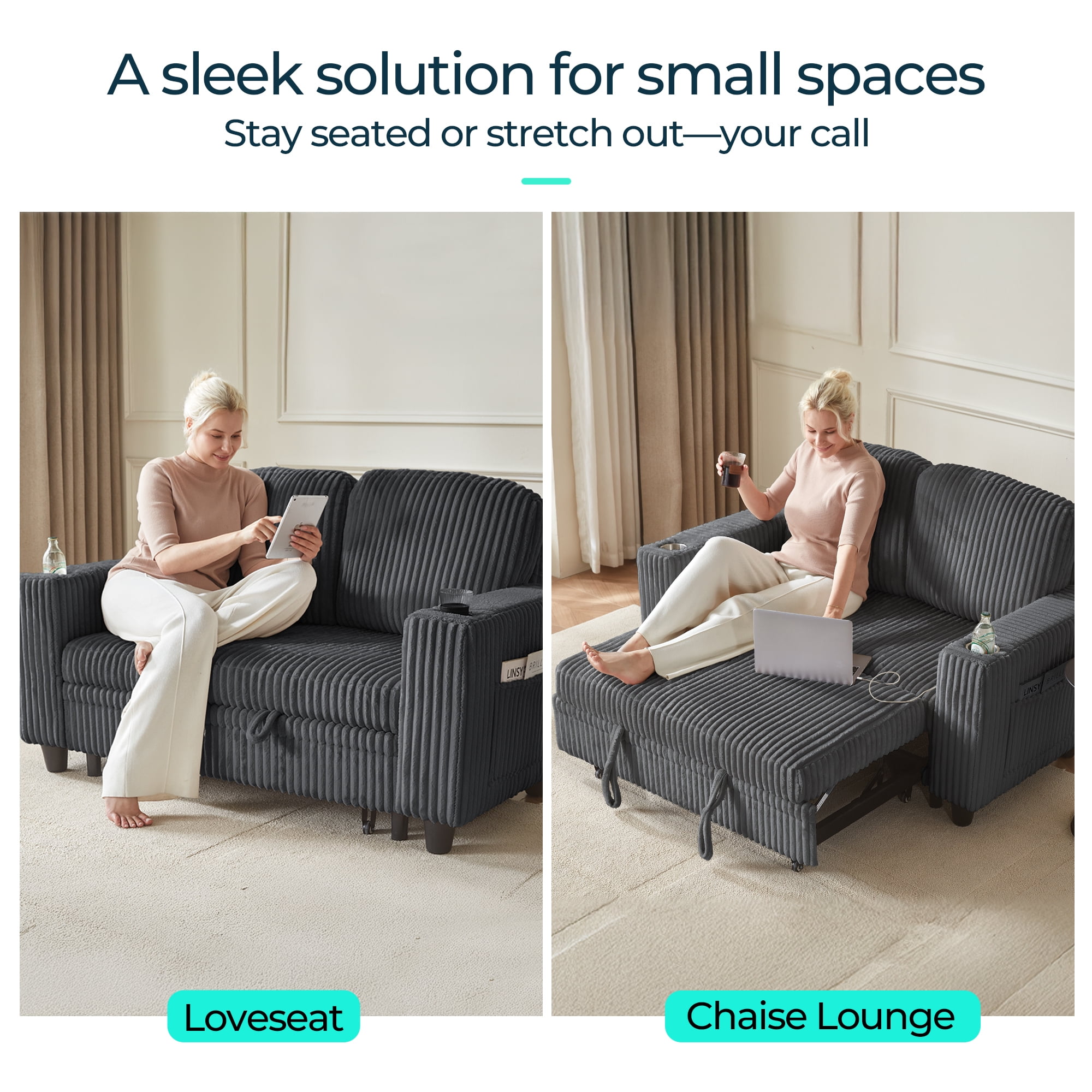 LINSY HOME Pull Out Couch Chaise Lounge for Living Room, Convertible Loveseat Sofa Couch With Usb & Cup Holder, Dark Gray