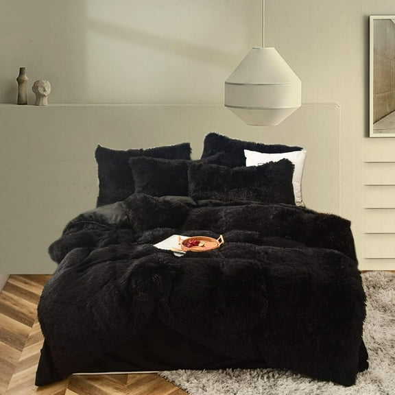 MorroMorn Fluffy Comforter Duvet Cover Set, 5 Pcs Bedding Sets Faux Fur Plush Velvet Shaggy Ultra Soft Luxury for Full Queen Size Black
