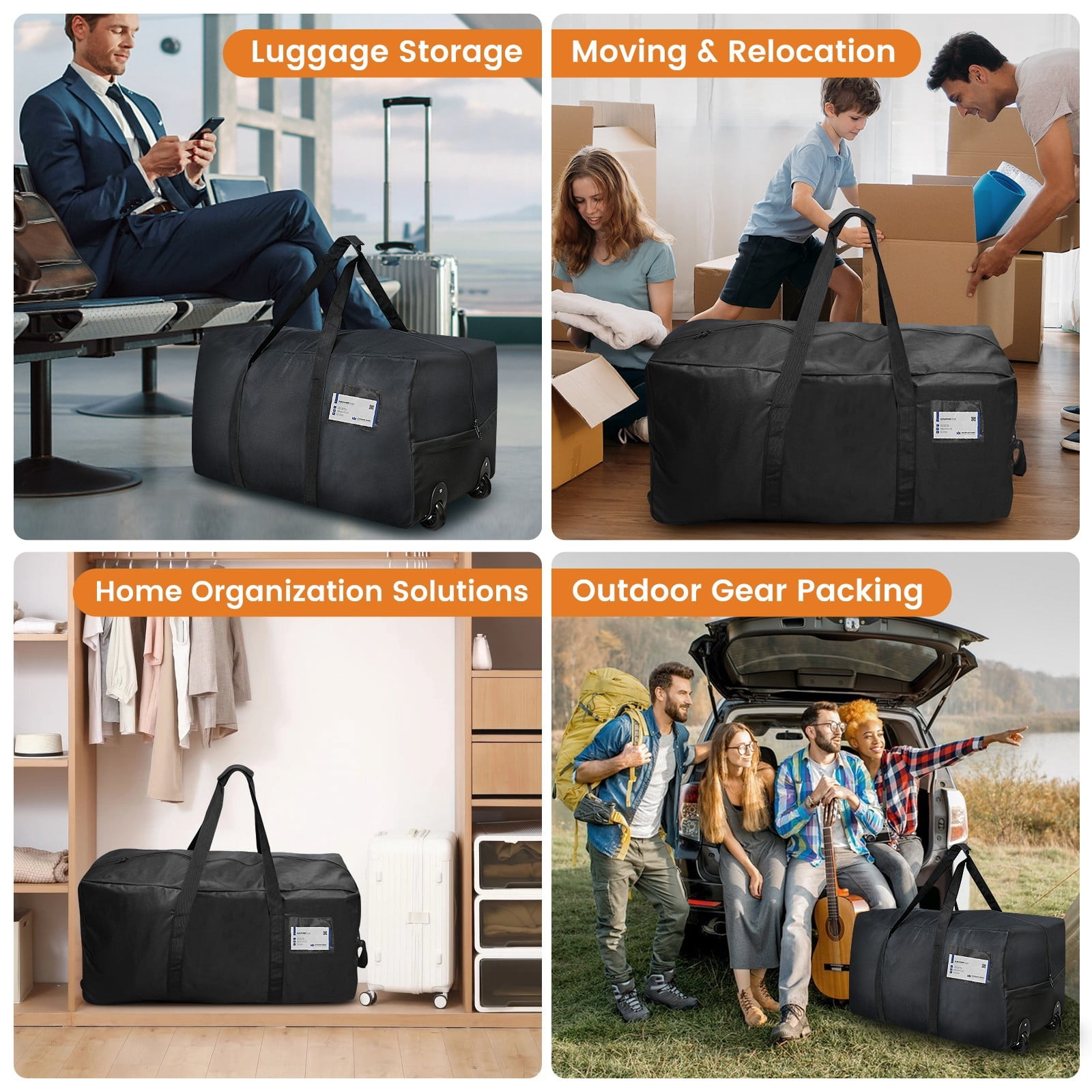 2-Pack 92L Black Heavy Duty Wheeled Duffel Bags, Foldable with Zippers for Moving Travel Storage