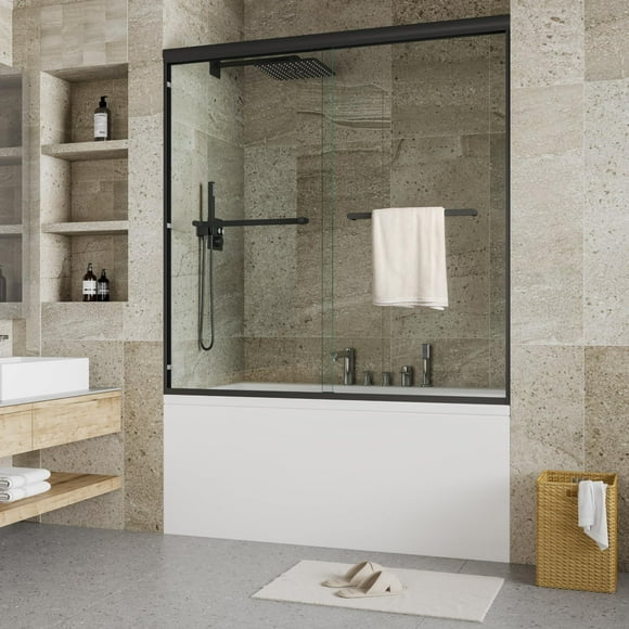 Double Sliding Glass Shower Door 44-48 Inch x 72 Inch, 6mm Clear Tempered Glass, Semi-Frameless Matte Black Glass Shower Door for Walk-in Bathroom Showers