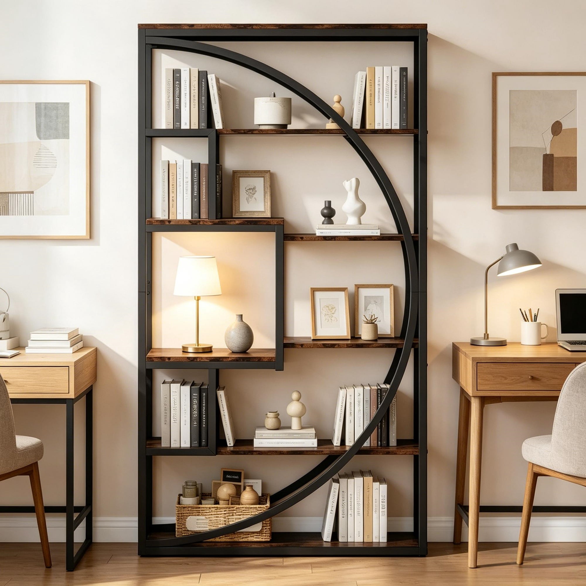Bookshelf, 5-Tier Geometric Bookcase with 8 Open Shelves, Particle Board and Metal Frame, 48.03 in x 14.17 in x 9.84 in