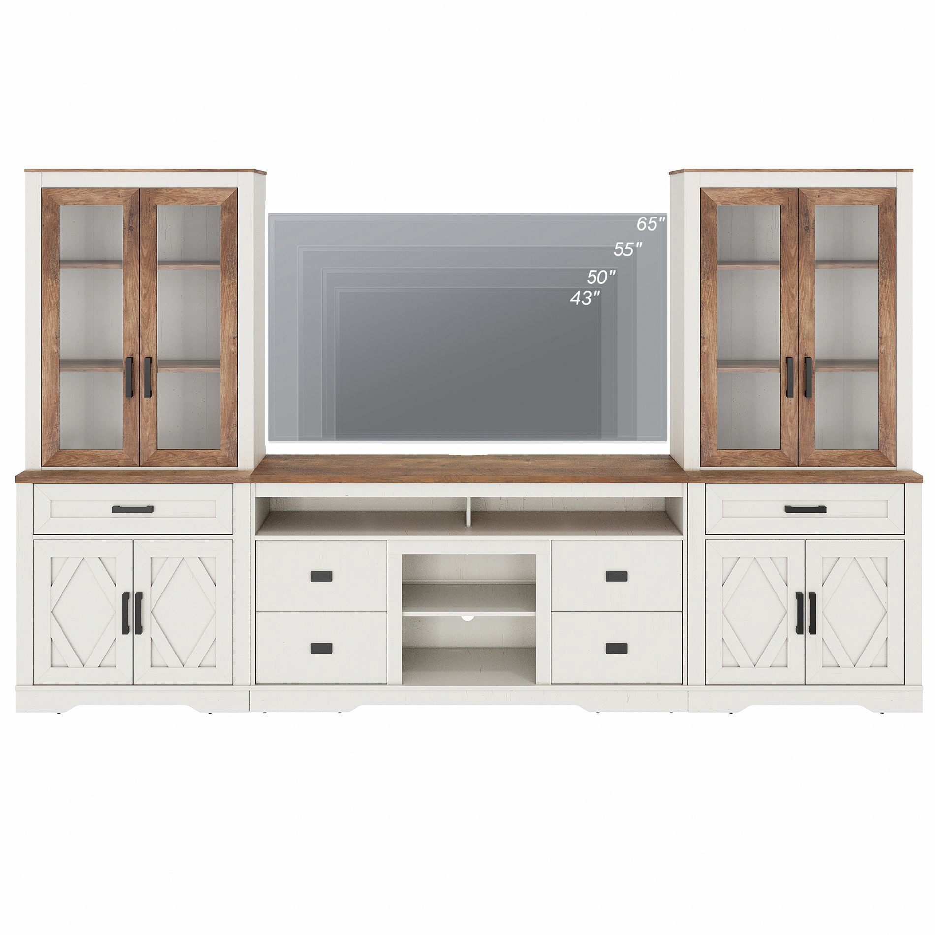 WAMPAT Farmhouse Entertainment Center with Bookshelf for TVs up to 65",Mid Century Modern TV Stand with 73"H Tall 5-Tier Bookcase with Open Storage and Barn Doors for Living Room,Bedroom,White Oak