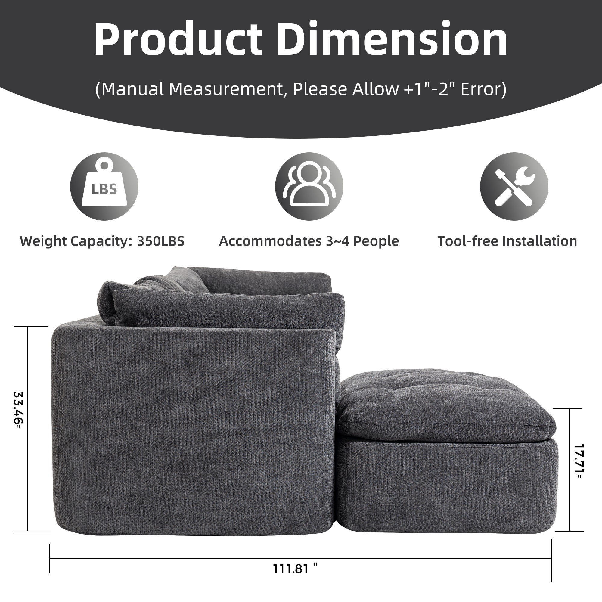 DEALTOPS 111" Modular Sectional Sofa with Ottoman, 4-Seat Convertible Chenille Cloud Couch, Dark Gray