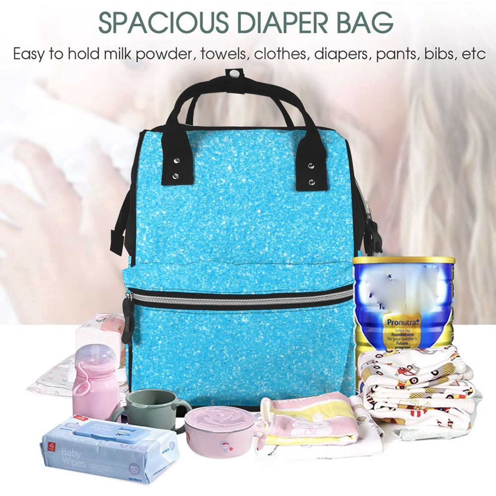 Ratiio Sky Blue Glitter Mummy Backpack - Waterproof Twill Canvas, Large Capacity Diaper Bag with Multiple Pockets and Adjustable Straps