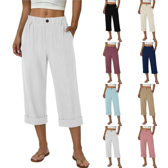Admvng Womens Crinkled Textured Capri Pants Elastic Waist Straight Leg Pants