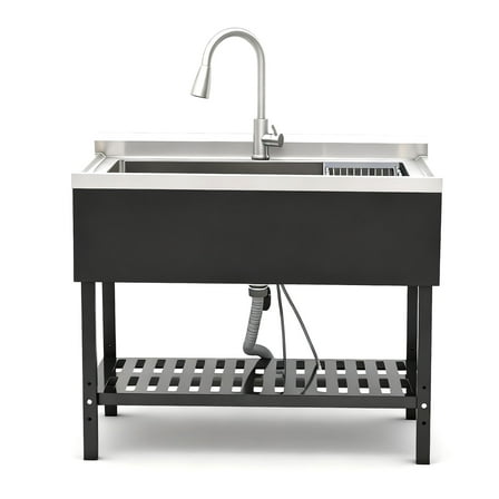 Stainless Steel Utility Sink w/ Pull-out Faucet, Freestanding Sink for Kitchen