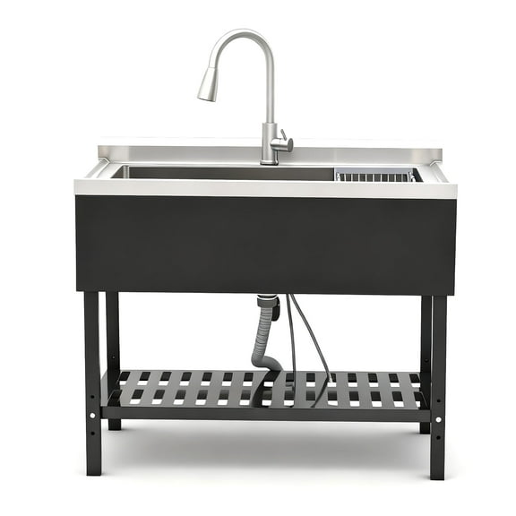 Stainless Steel Utility Sink w/ Pull-out Faucet, Freestanding Sink for Kitchen