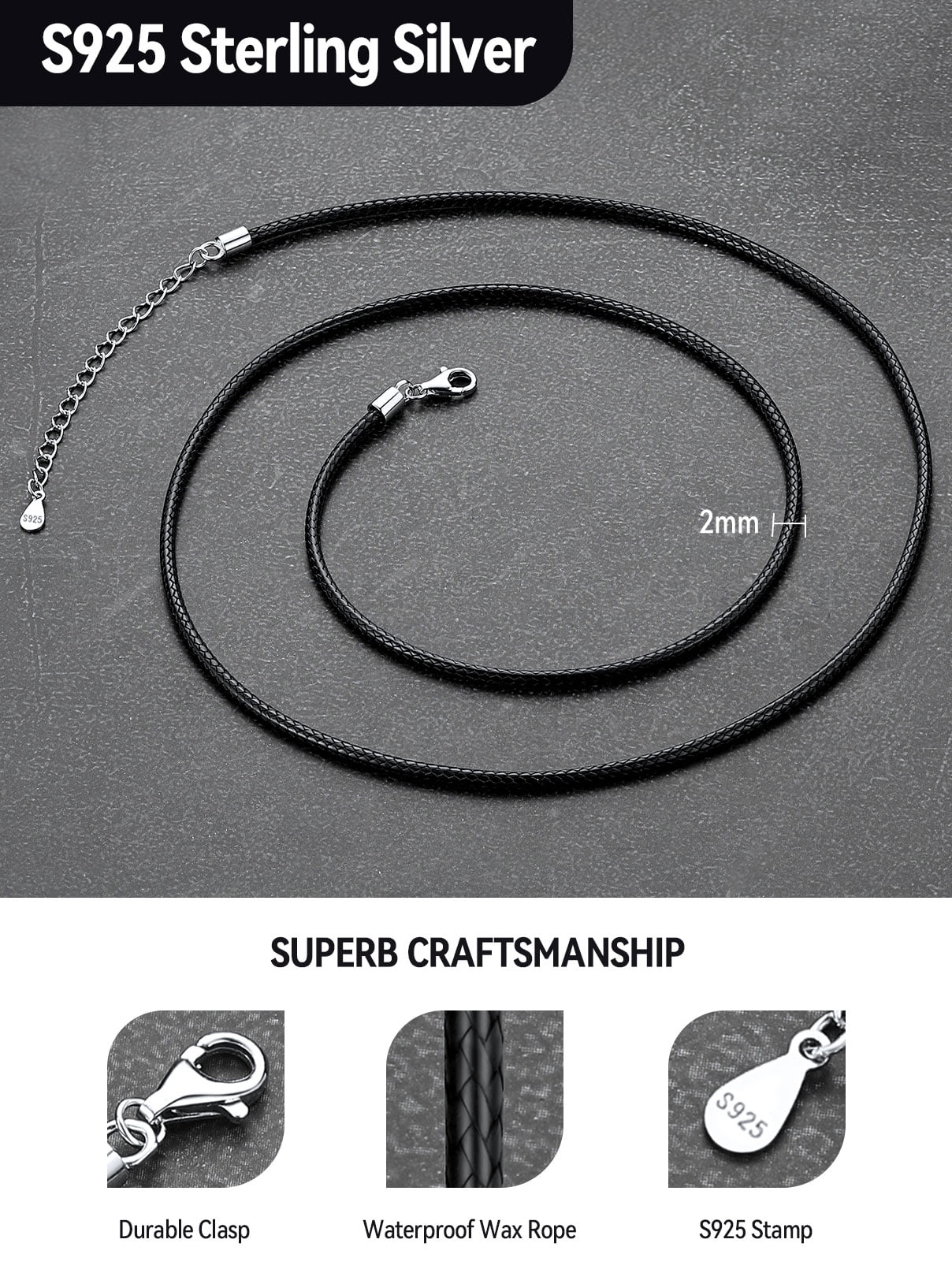 FaithHeart Braided Leather Cord Necklace for Men Women 925 Sterling Silver Snap Clasp, 2MM Waterproof Black Woven Wax Rope Chain for Pendant Jewelry Gift for Son Graduation