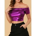 thumbnail image 6 of MODA NOVA Junior's Off Shoulder Party Club Slim Fit Shiny Metallic Crop Top Fuchsia XL, 6 of 7