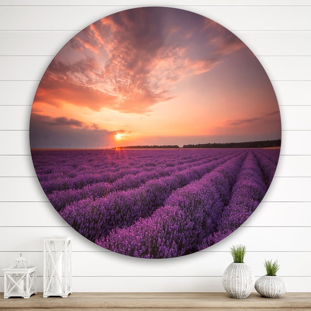 Designart - Sunrise & Dramatic Clouds Over Lavender Field XII - Farmhouse Metal Circle Wall Art