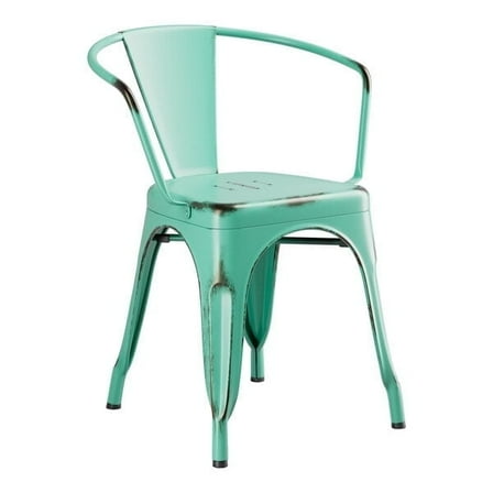Cafe Style Stackable Distressed Aquamarine Metal Restaurant Dining Arm Chair For Indoor or Outdoor Use.