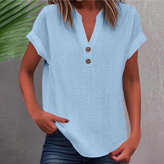 Plain T Shirts for Women Women V Neck Pure Color Casual T Shirt for Summer Everyday Blue L