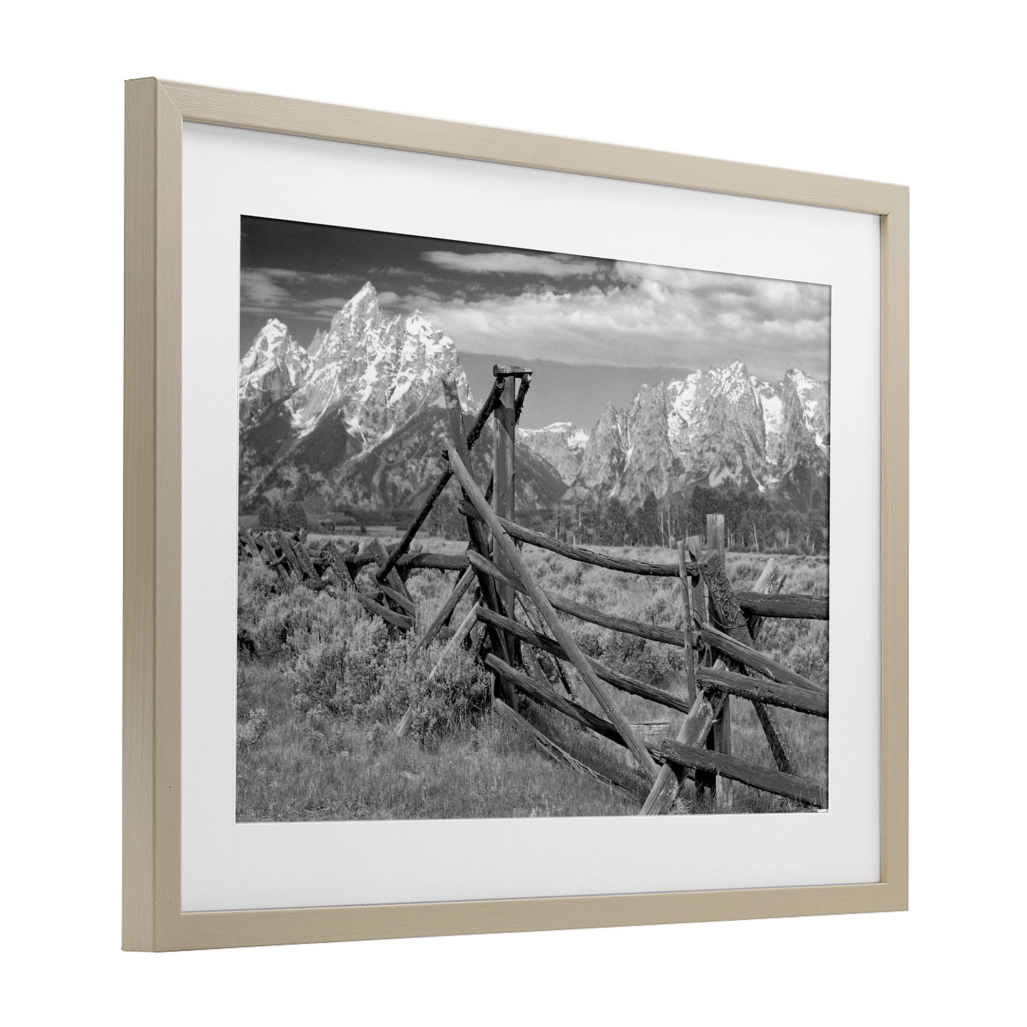 Grand Tetons Mountains & Fence Birch Framed Print Under Glass, design by MJ Photography