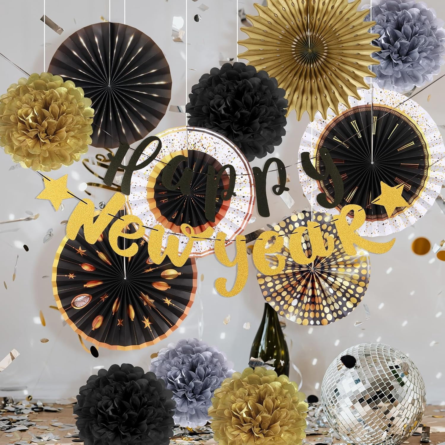New Years Eve Party Supplies 2026, Happy New Year Decorations Black Gold Hanging Paper Fans Tissue Pom Poms Happy New Year Banner for 2026 New Year Party Favor Supplies Decorations